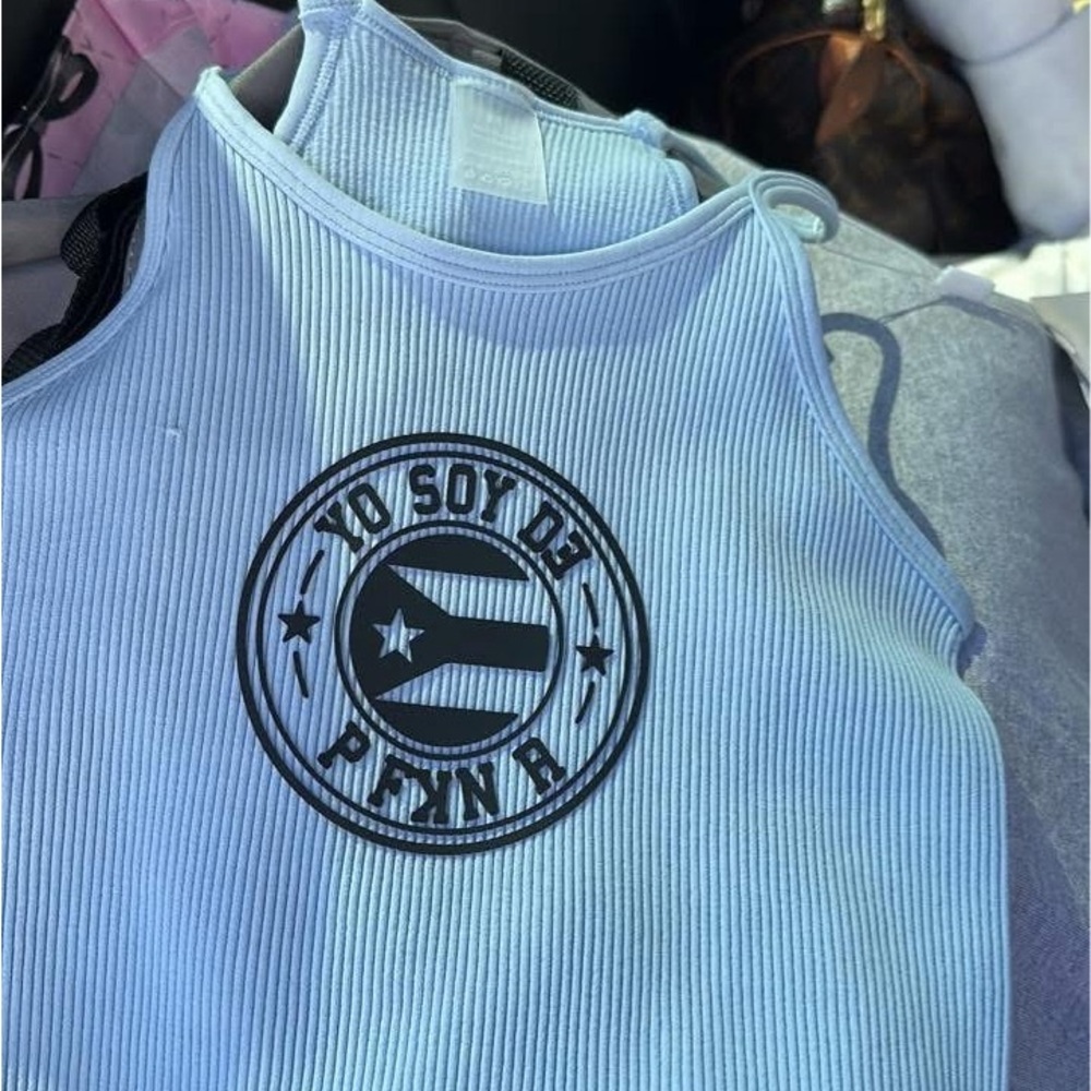 Light Blue Ribbed Tank Top with Graphic Print